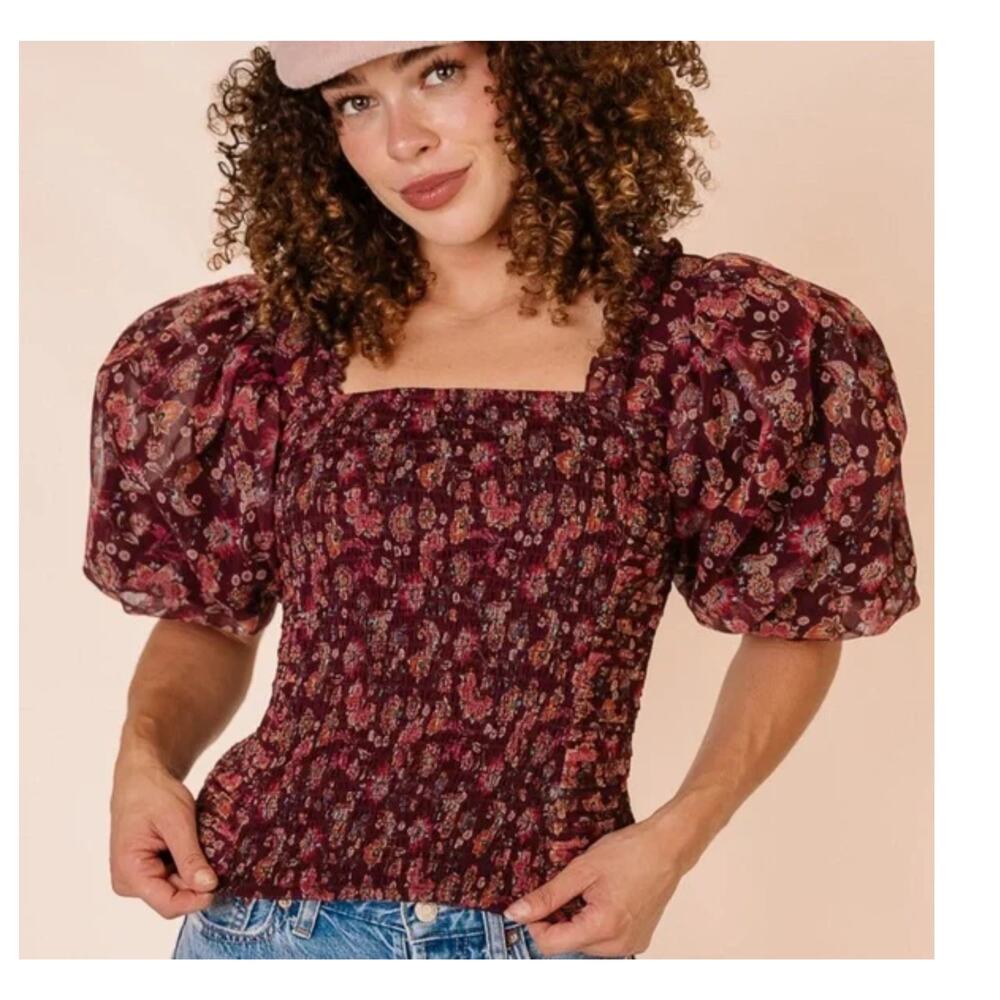 NWT Ivy City Co. Stephanie Dramatic Puff Sleeve Smocked Blouse Top Size Small